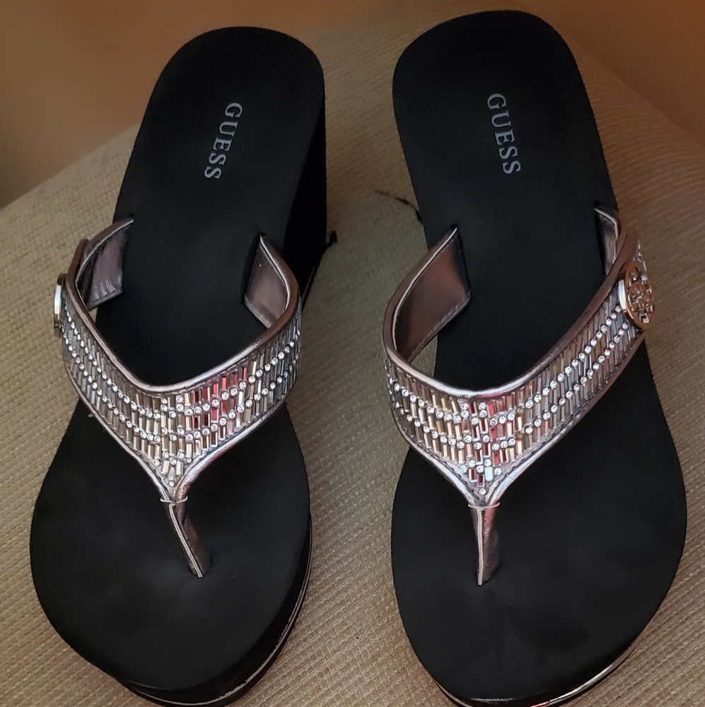 Guess Rhinestone Embellished Wedge Flip Flops